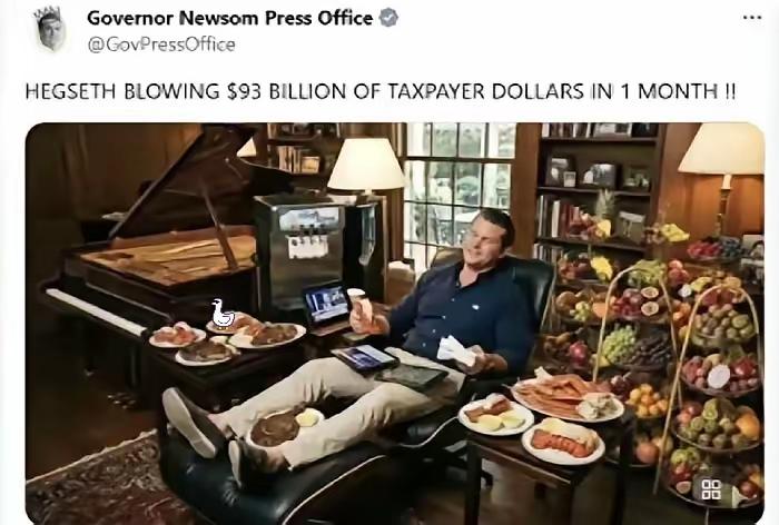 加州州长纽森办公室发布推文，只有一幅图片和一句话（如图）：“赫格塞斯一个月内花费