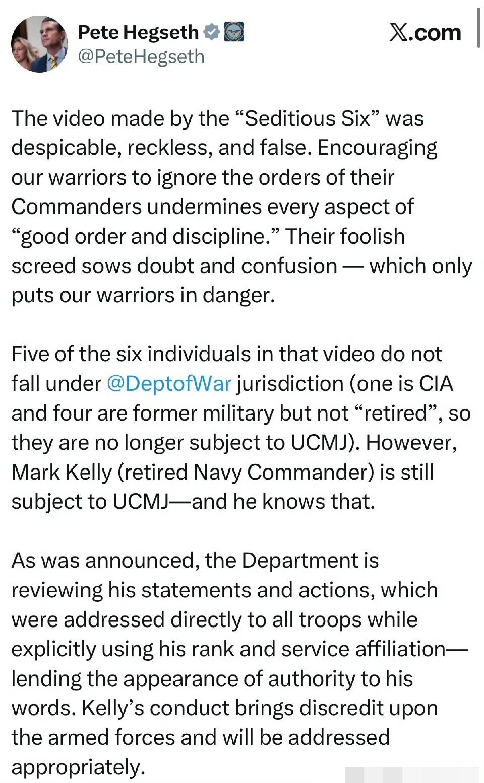 战争部长海格赛斯：煽动六人组将被处理

海格赛斯：

“煽动六人组”制作的视频卑