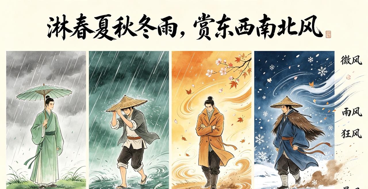 上联，淋春夏秋冬雨，请你赐教！赏东南西北风