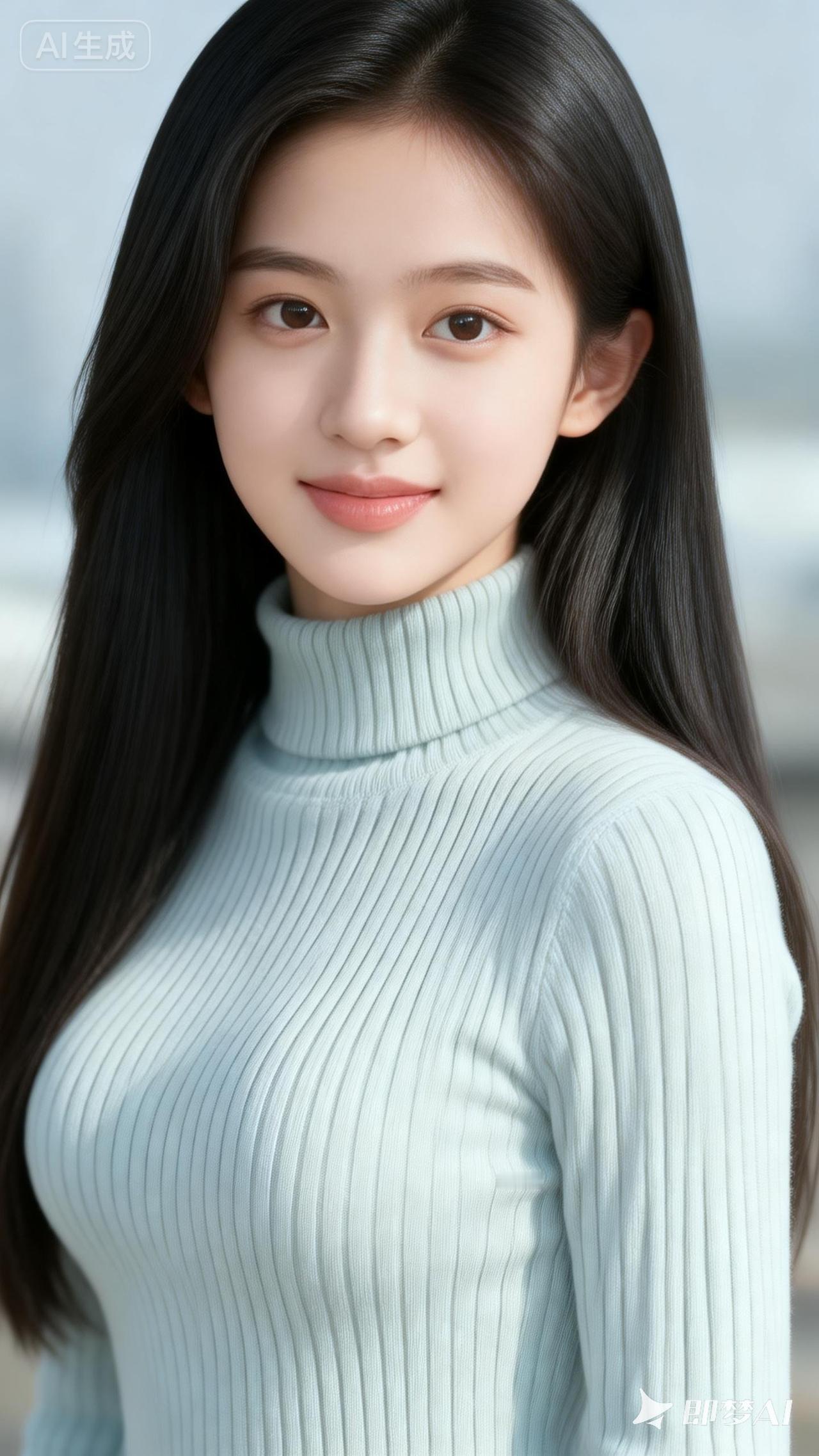 温柔甜美的邻家女孩，浅蓝色高领毛衣，清新自然，元气满满！🌸💕