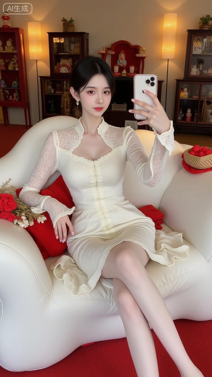 暖光氤氲，红柜倚墙，乌发玉颜的少女一袭蕾丝白裙端坐其间。指尖轻触屏幕定格刹那，传