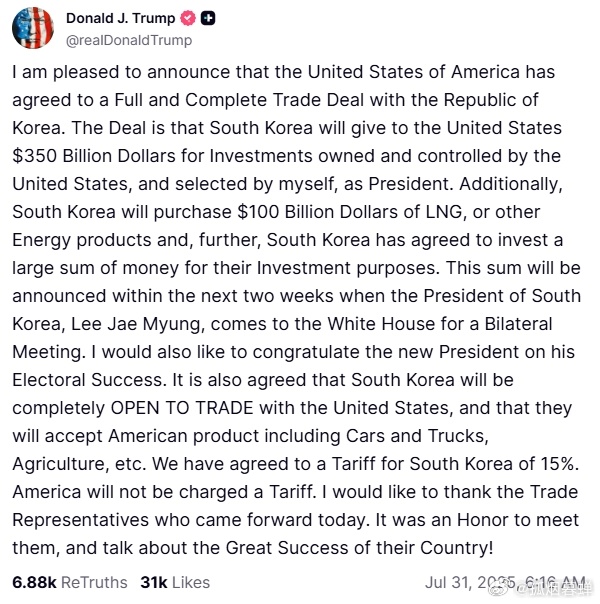 特朗普宣布与韩国达成一项全面且完整的贸易协议根据特朗普发布的帖子内容，韩国将向美