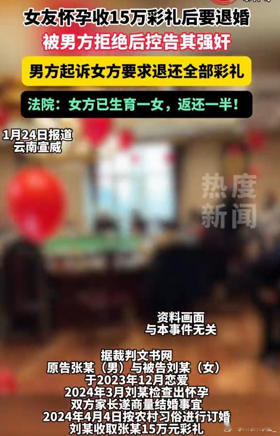 女子怀孕收男友15万彩礼后不和要退婚 疯了？都生孩子了还一半彩礼？7w5居然让女