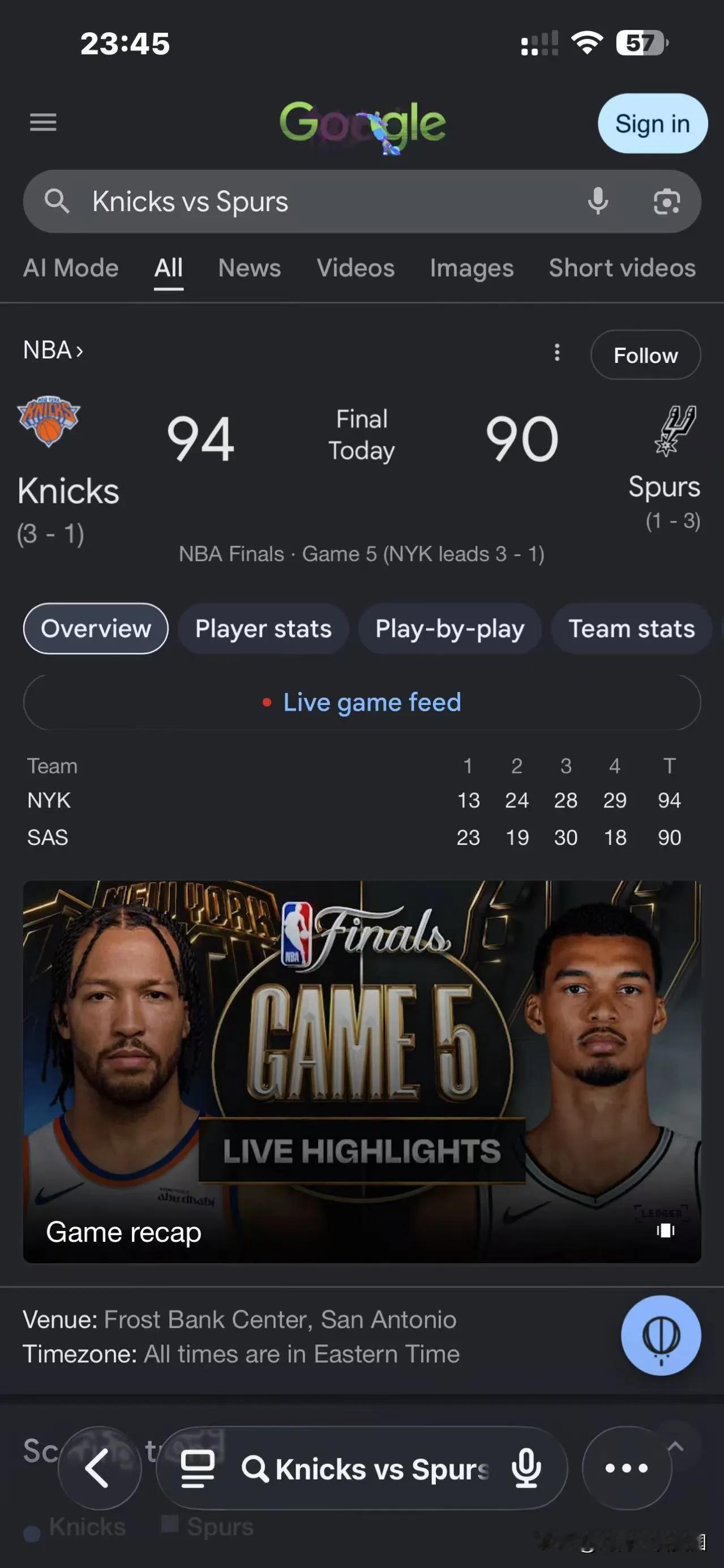 NBA总决赛第五场，尼克斯94-90.