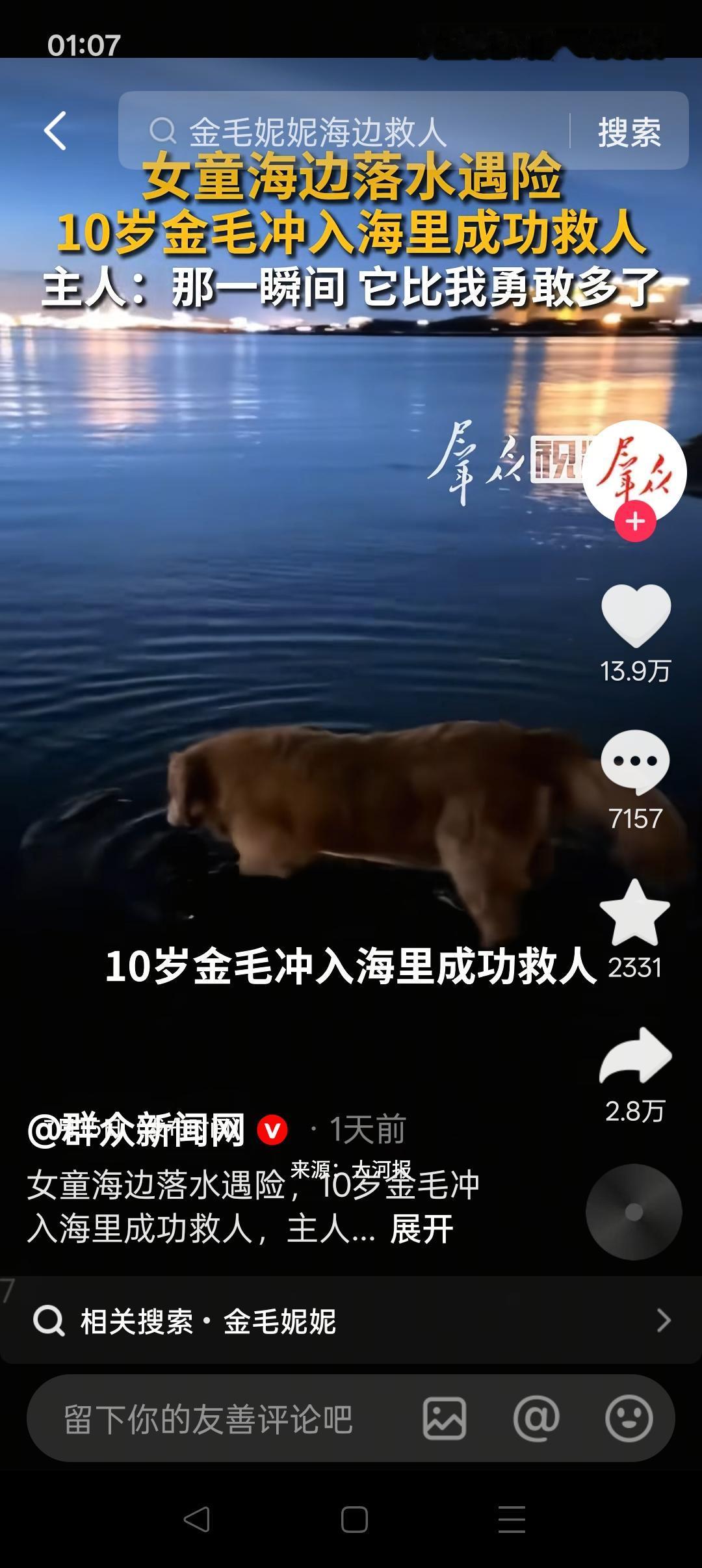 海边金毛救人？这新闻报道可疑！
 
有媒体发布一则海南海边的新闻，一名来自山西的