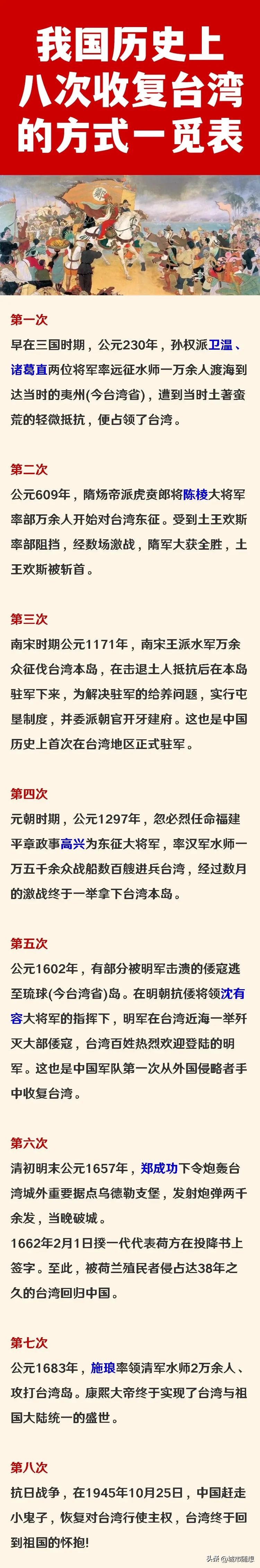 三国时期：用武力，收复了台湾；
隋朝时期：用武力，收复了台湾；
清朝时期：用武力