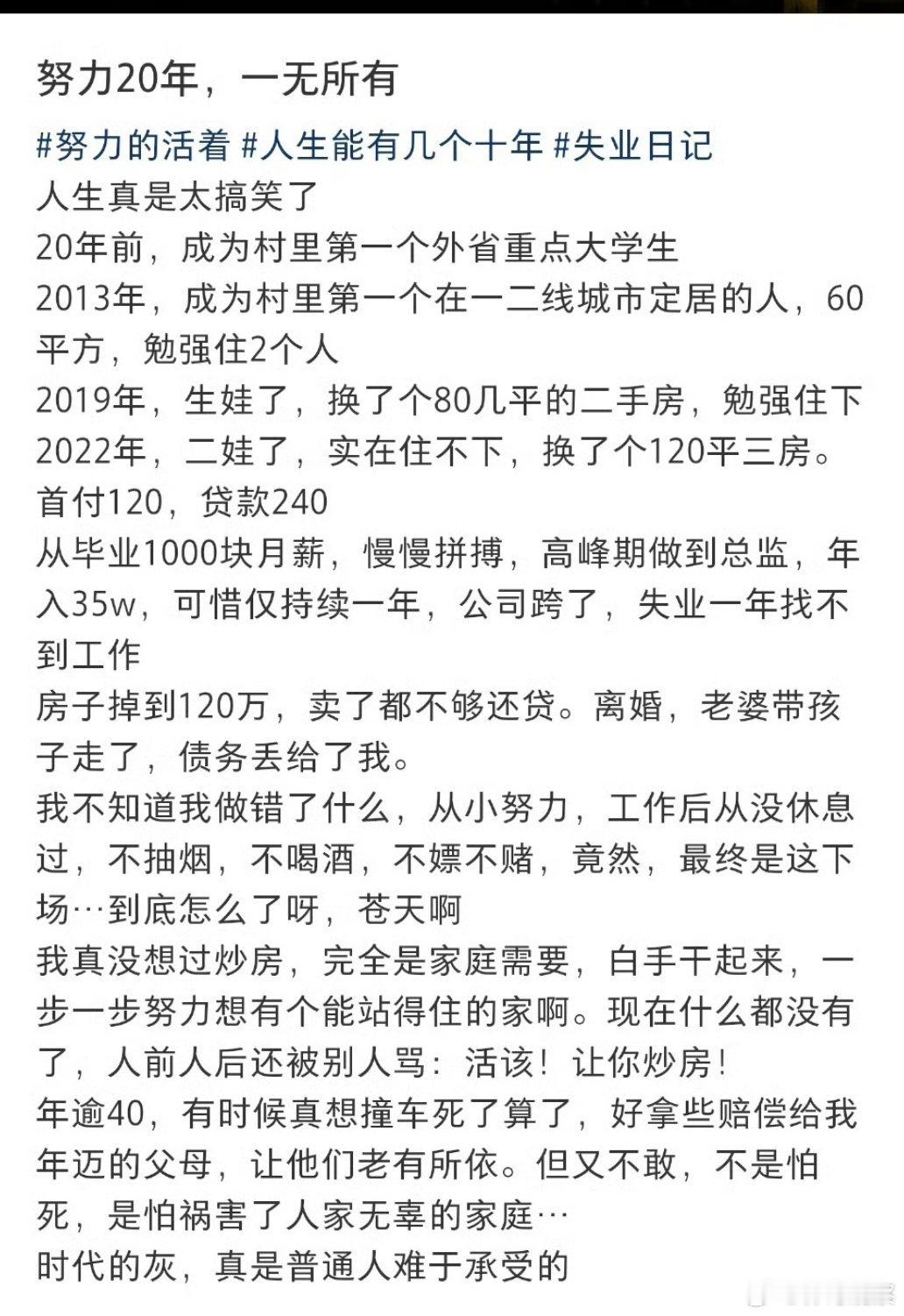 努力20年，一无所有…网友:我的背景经历差不多，生了二胎买了个120四房，做到总