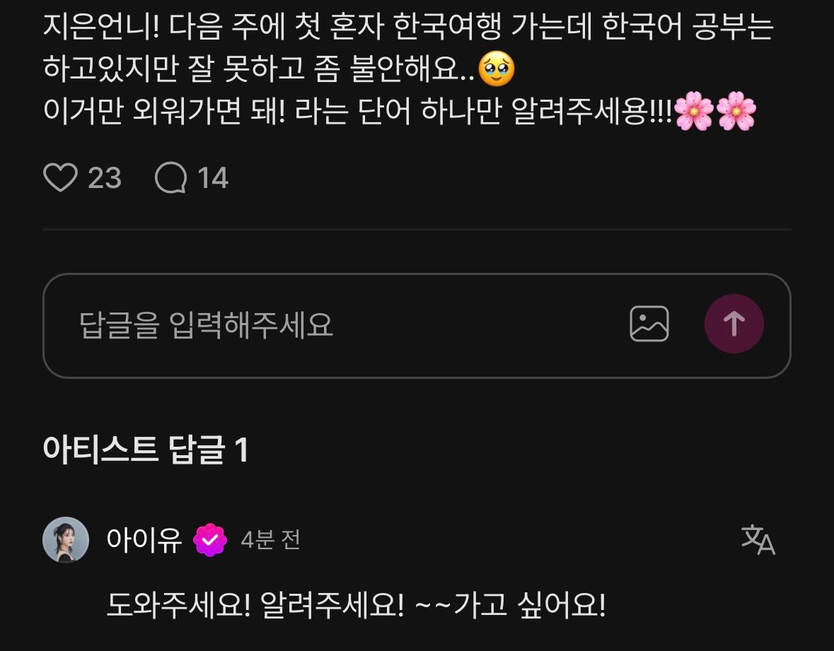 IU  爱娜：姐姐我下周第一次一个人去韩国，虽然正在学习但是不太好，可以教我几个