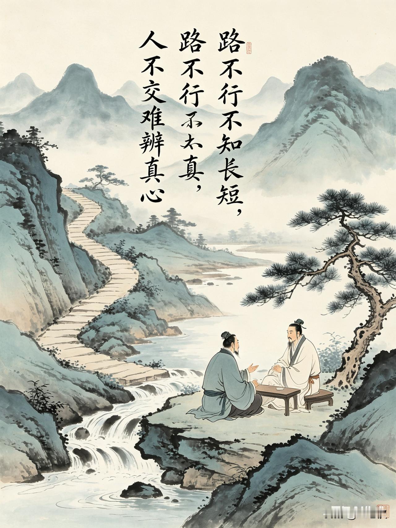 上联:路不行不知长短，
下联:人不交难辨真心。