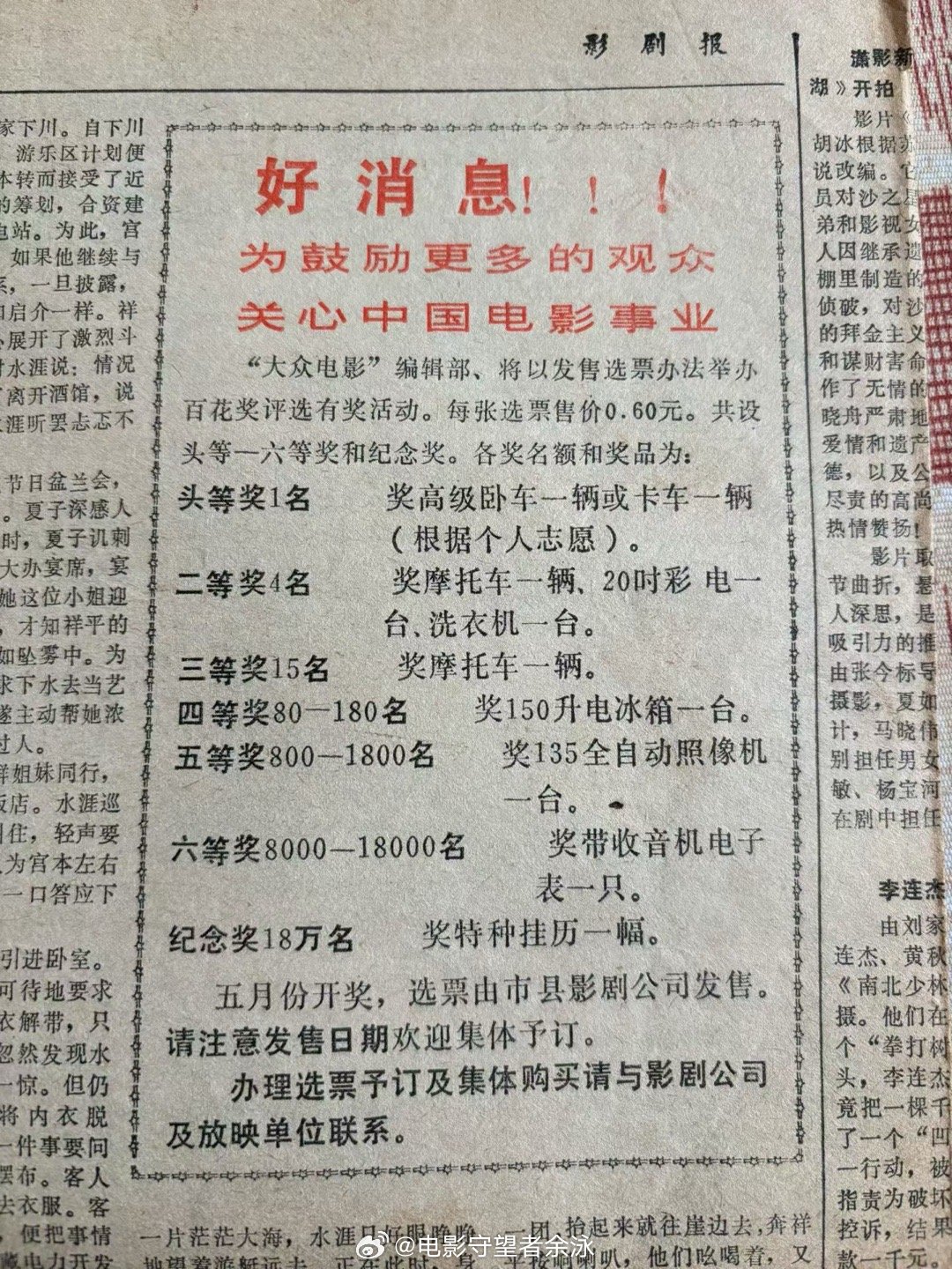 1985年， 《大众电影》杂志社举办的“大众电影百花奖”有奖评选活动，头等奖是小