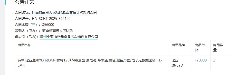 城市观察员河南省高级人民法院轿车直接订购采购合同，金额：35.6万元
