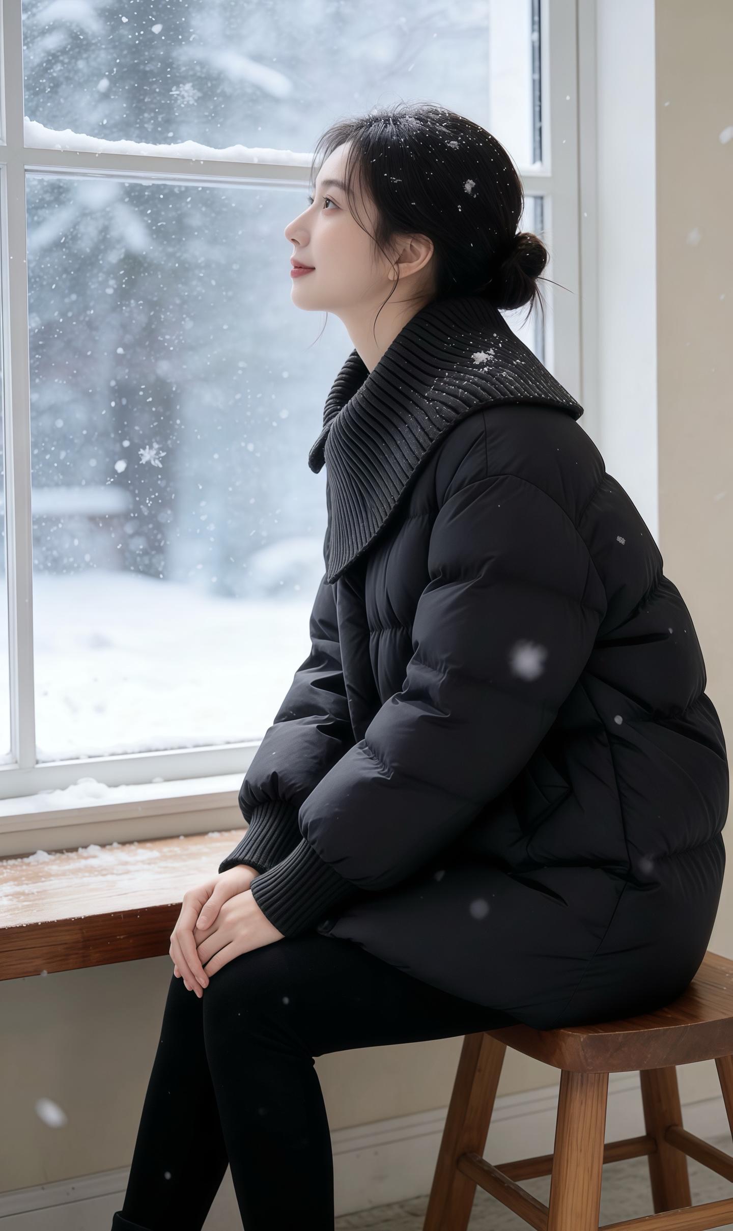 冬日飘雪的窗边，这件蓬松黑羽绒承包了所有松弛暖意，文艺氛围感拉满