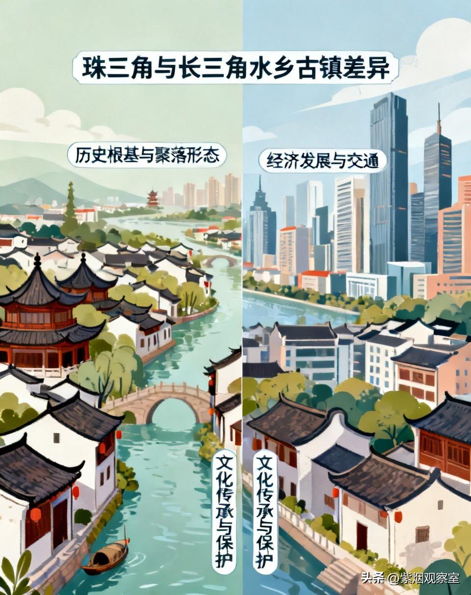同样地处经济发达、河网密布的江口三角洲平原，长三角遍地是周庄、乌镇、西塘、同里这