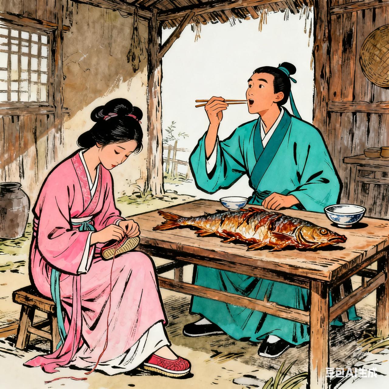 古代夫妻搞笑段子

新婚不久的书生，指着桌上唯一一条风干咸鱼，用筷子虚点，神情陶