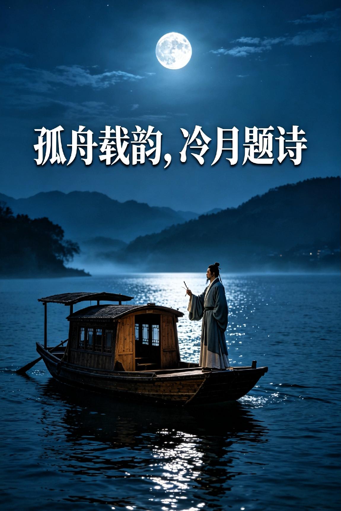 孤舟载韵，冷月题诗
（七律诗）

 
孤舟载韵泛江湄，万里清光浸钓丝。

寒浪敲