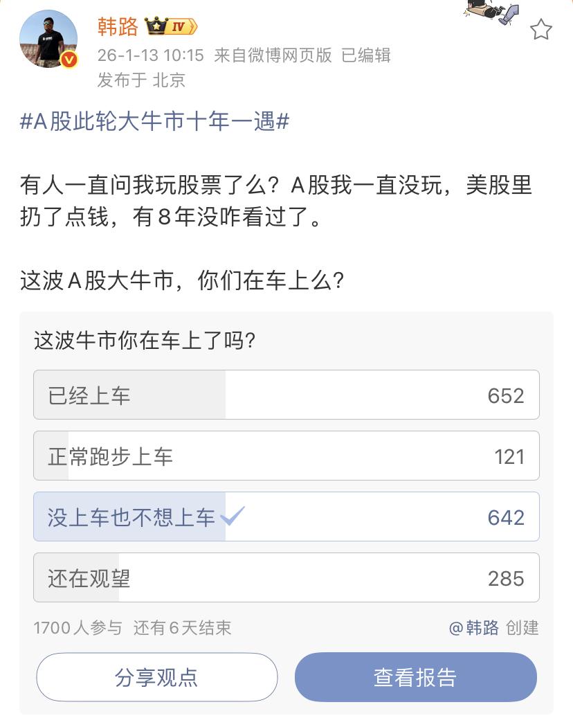 韩路：A股此轮大牛市十年一遇

有人一直问我玩股票了么？A股我一直没玩，美股里扔