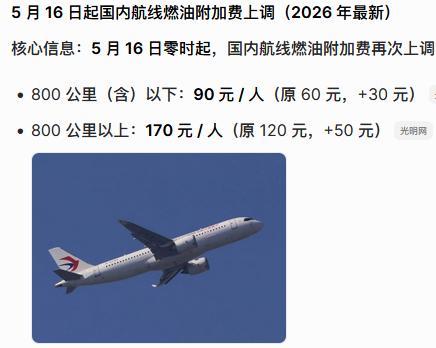 5月16日燃油费又要涨：短途90，长途170，涨幅30和50。⚠️ 为什么上个月