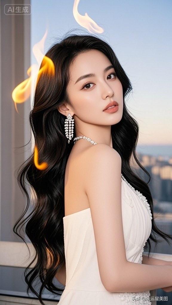 优雅黑发美人，闪耀蓝宝石项链，梦幻蓝背景，完美妆容，时尚穿搭