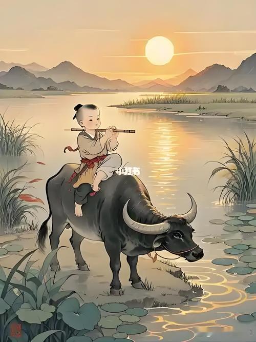 日落归途
水傍山林草木葱，
丹青乱抹画惊鸿。
流连暮色人归晚，
犹闻远处牧笛声。