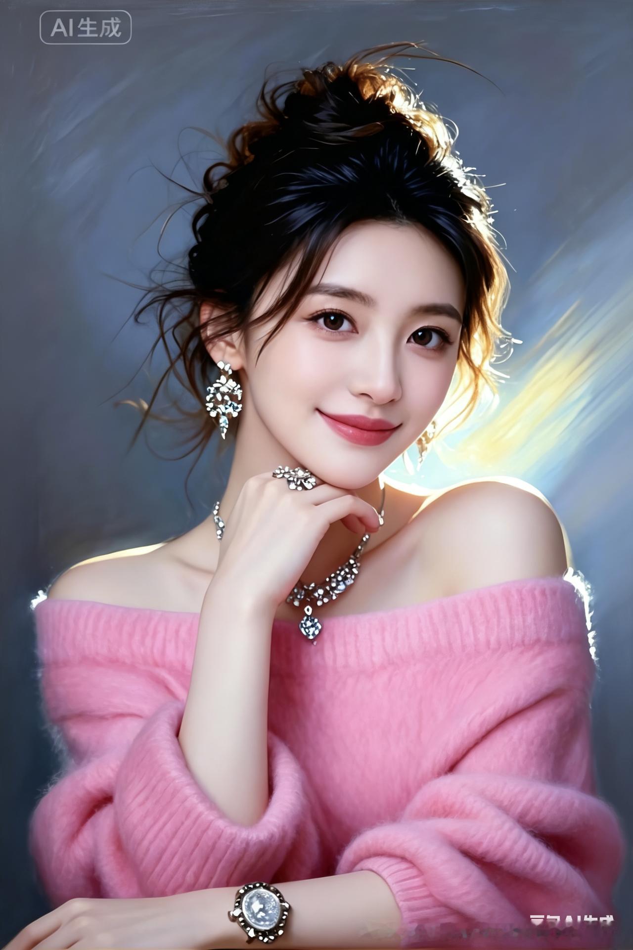 香妃美人眉眼精致，温柔浅笑。淡雅清透妆容衬细腻肌肤，空灵氛围感拉满，柔和光影，景
