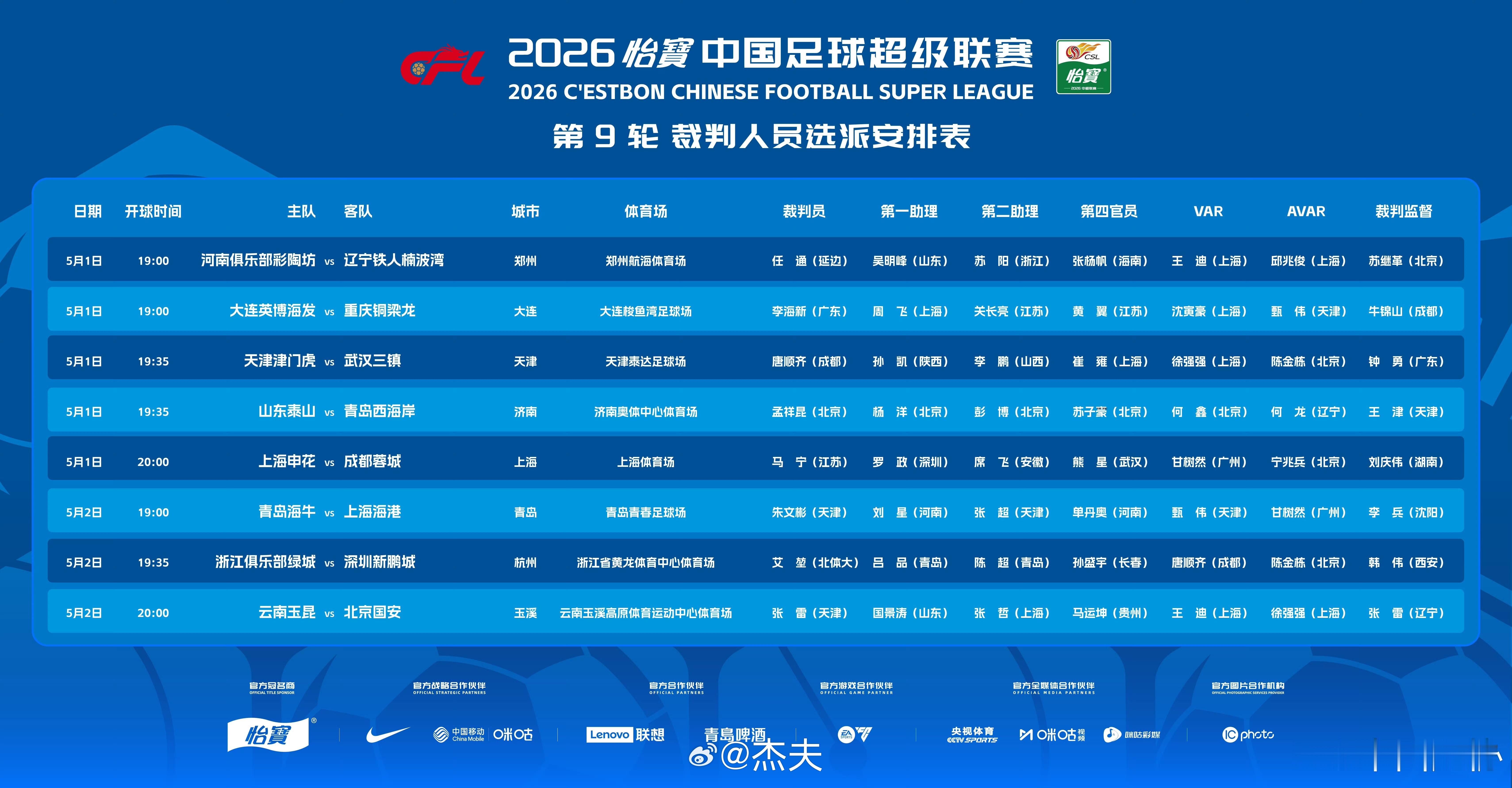 2026中超联赛第九轮，足协裁判指派情况出炉：上海申花vs成都蓉城  主裁判：马