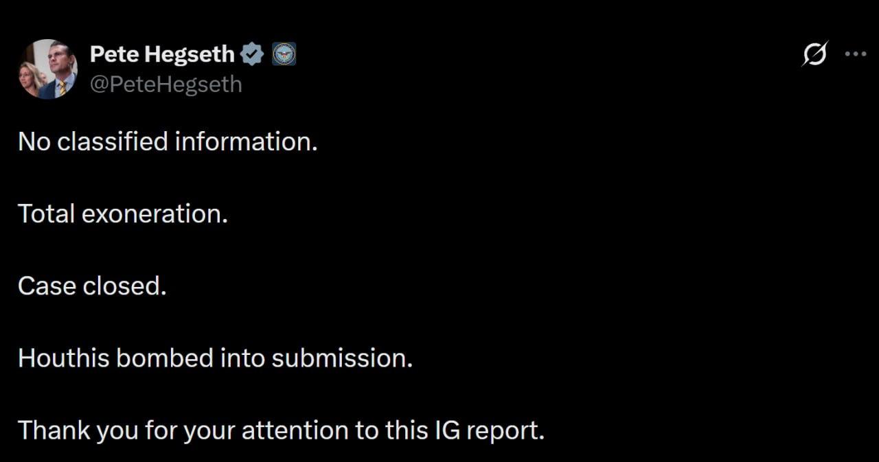 突发新闻——战争部长皮特·赫格塞斯称，那份关于其使用Signal通讯软件的监察长