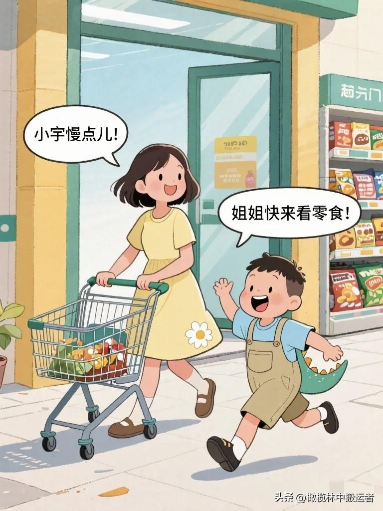 搞笑漫画：姐姐带弟弟去超市，弟弟往购物车里疯狂扔零食。 姐姐：“你放那么多，钱够