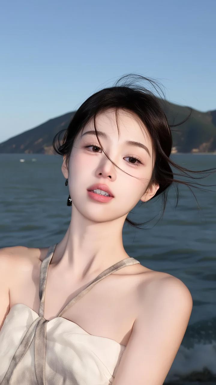 海边少女，微风轻拂，温柔时光