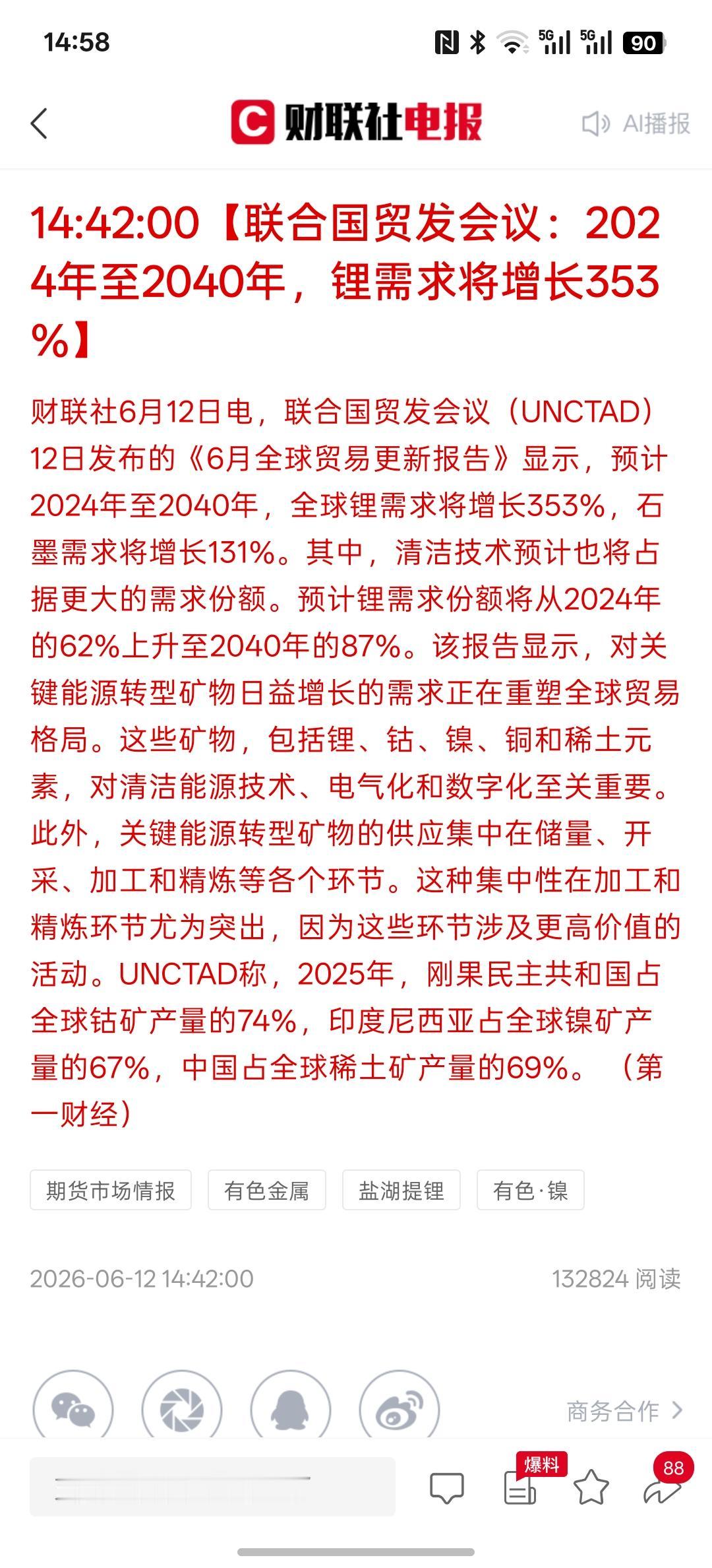 下周锂电池锂矿业会大涨，联合国贸发会议：2024年至2040年，锂需求将增长35
