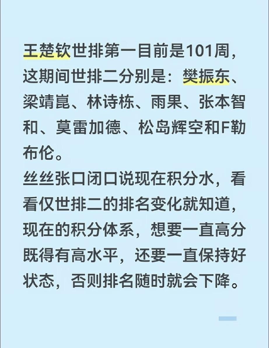乒乓球运动员积分最初是累计，有一个是一个，所以一个运动员到了顶峰之后，即便有一段