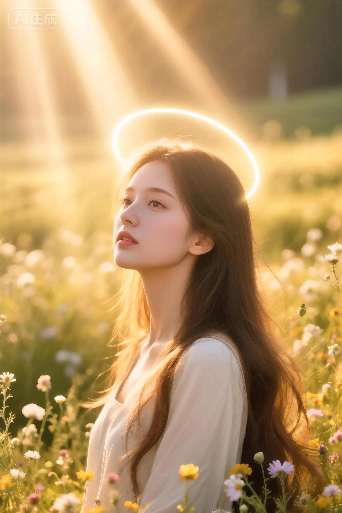 看呐，夕阳为花海披上一层暖金，那柔和的光晕洒落在她的肩头——这般景致，恰似将温柔