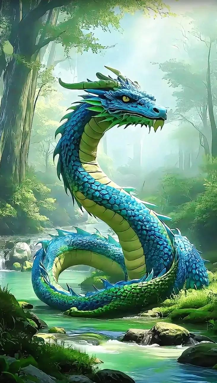 梦幻森林中的蓝色巨龙，栩栩如生！灵动的龙 夸张的龙