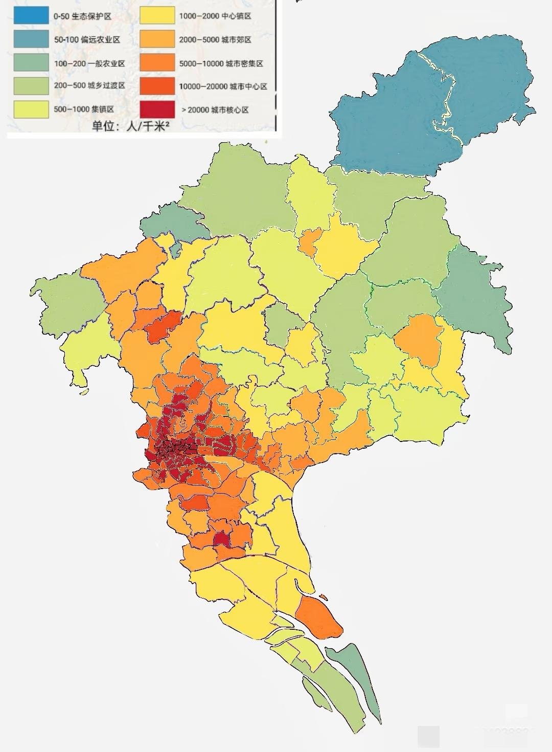 广州市人口密度分布图

直观上看，广州的人口高度集中在老四区，而且呈现出比较明显