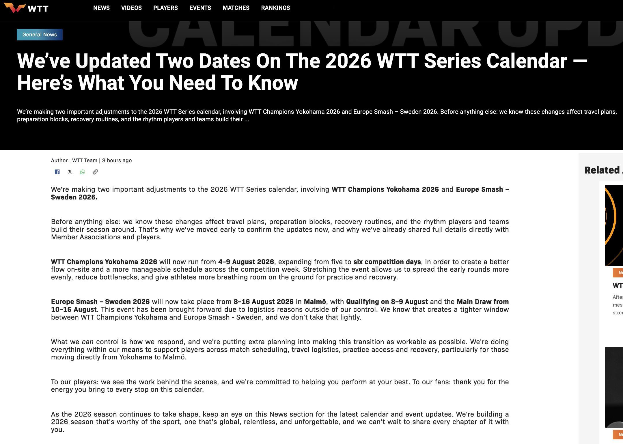 WTT冠军赛横滨站&WTT欧洲大满贯瑞典站比赛日程调整WTT冠军赛横滨站由8.5