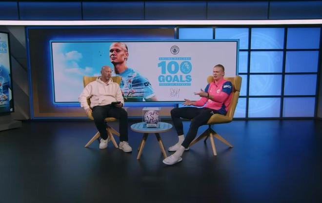 在以111场打破英超历史最快百球纪录后，曼城前锋哈兰德接受了原纪录保持者阿兰-希