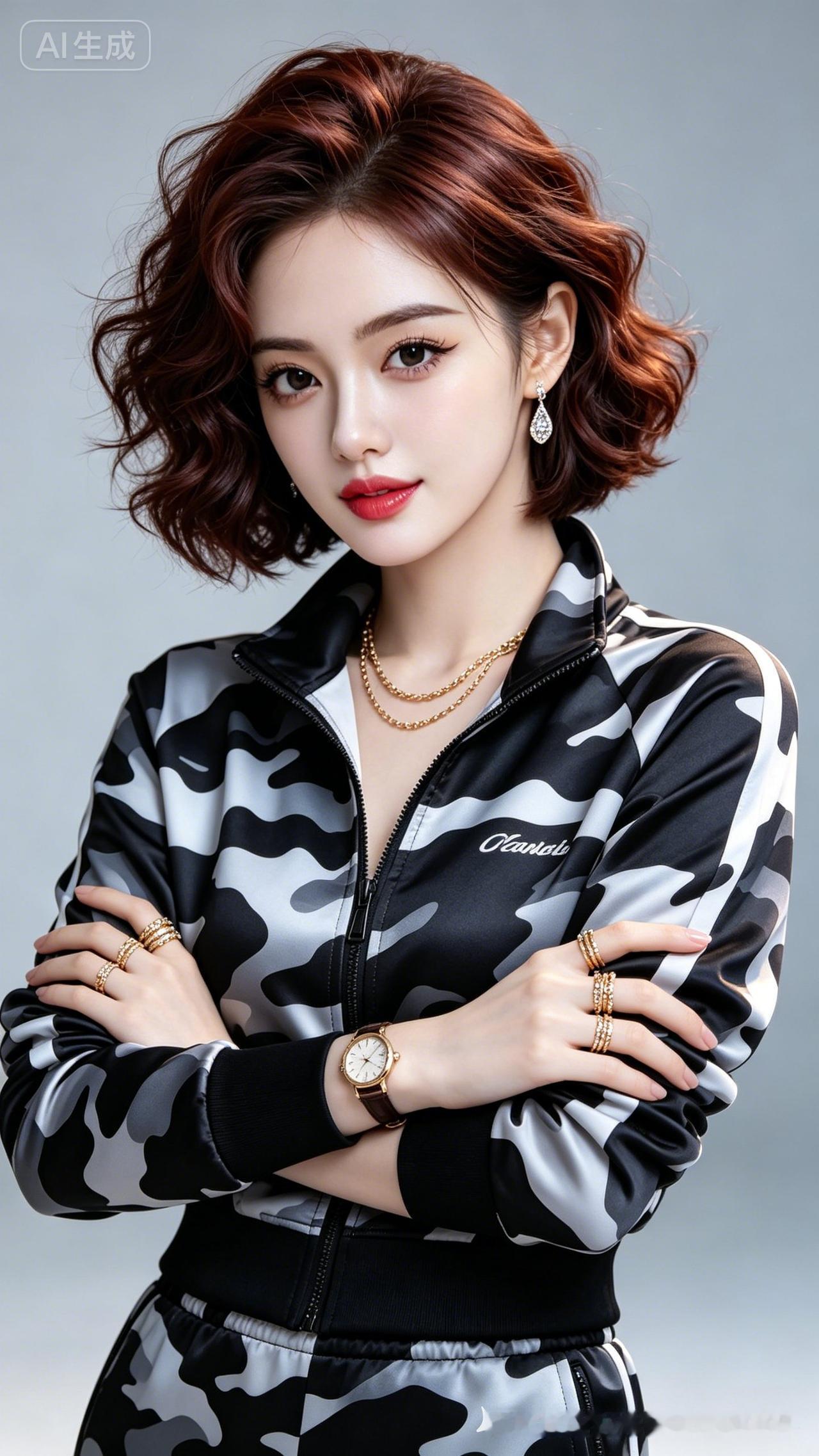 棕红蓬松短卷发女子，复古红唇明艳，黑白灰哑光迷彩半拉链套装，金饰钻饰点缀，浅灰影