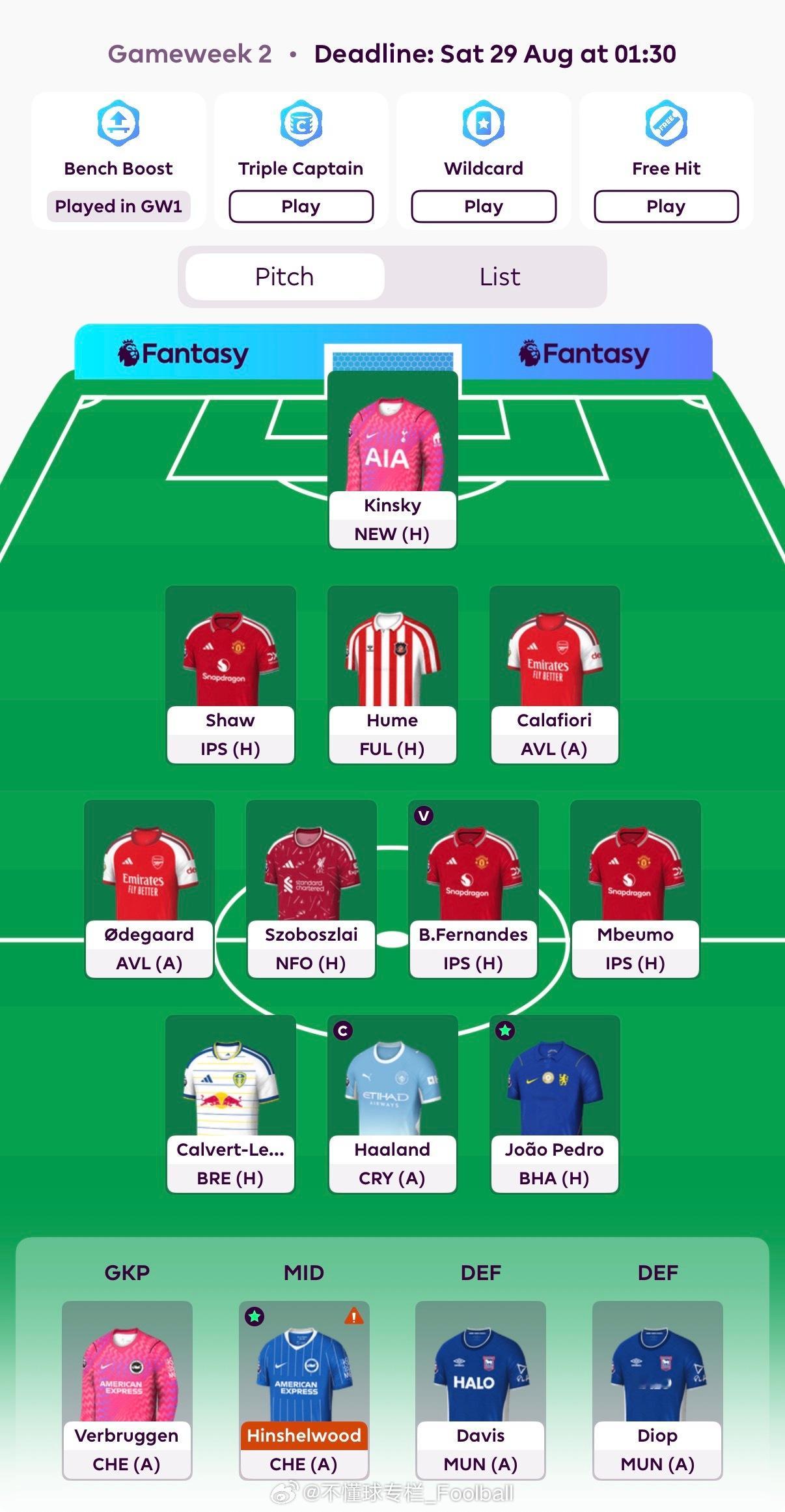 选好了我的FPL GW2阵容，就像今天的八万人一样，五颜六色的。fpl[超话]英