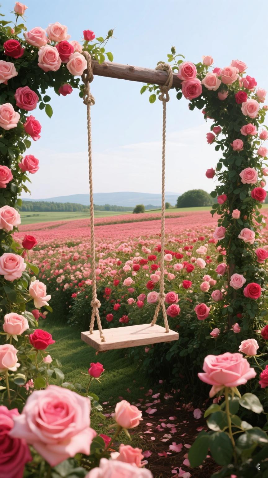 想象一下，置身于一片玫瑰花海，旁边还有玫红色的秋千，这是何等浪漫！
像新津玫瑰花