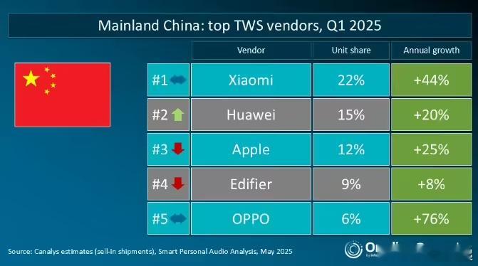 小米、华为、苹果一直都是国内无线耳机销量榜常客，而大涨76%的OPPO是首次进入