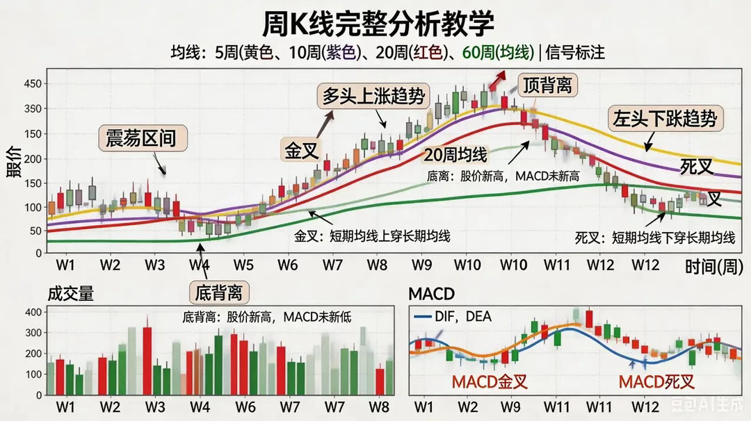 周K线完整分析股票趋势方法周K是以一周5个交易日合成一根K线，过滤日内、单日杂波