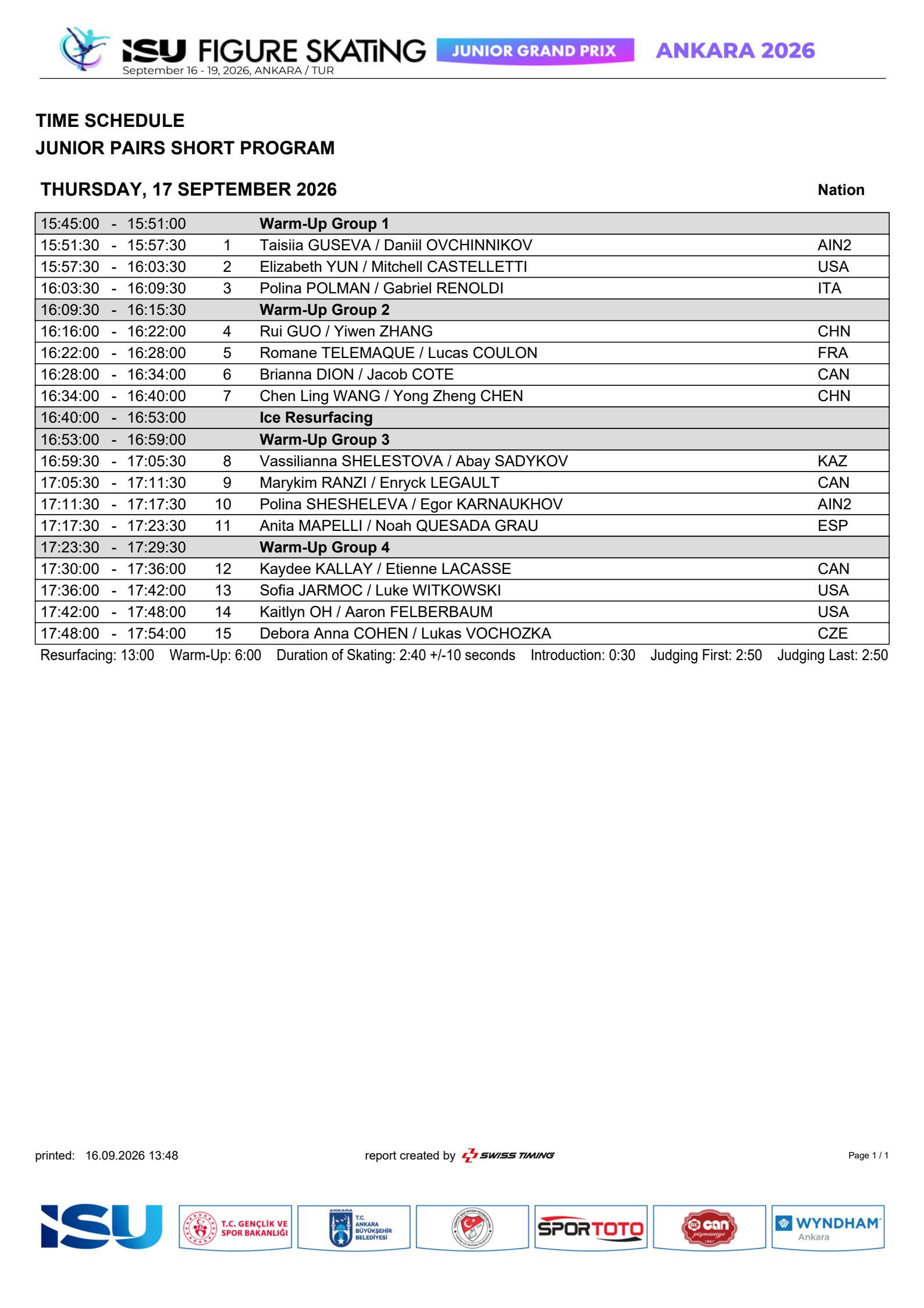 2026jgp土耳其站 土耳其站俄罗斯双人组合出场时间古色娃组：20:51-20