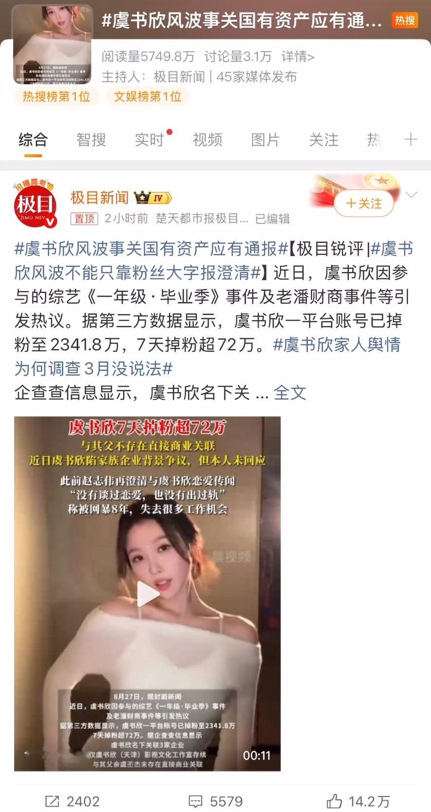 虞书欣风波事关国有资产应有通报《极目新闻》发稿带动舆论氛围，试图倒逼官方下场调查