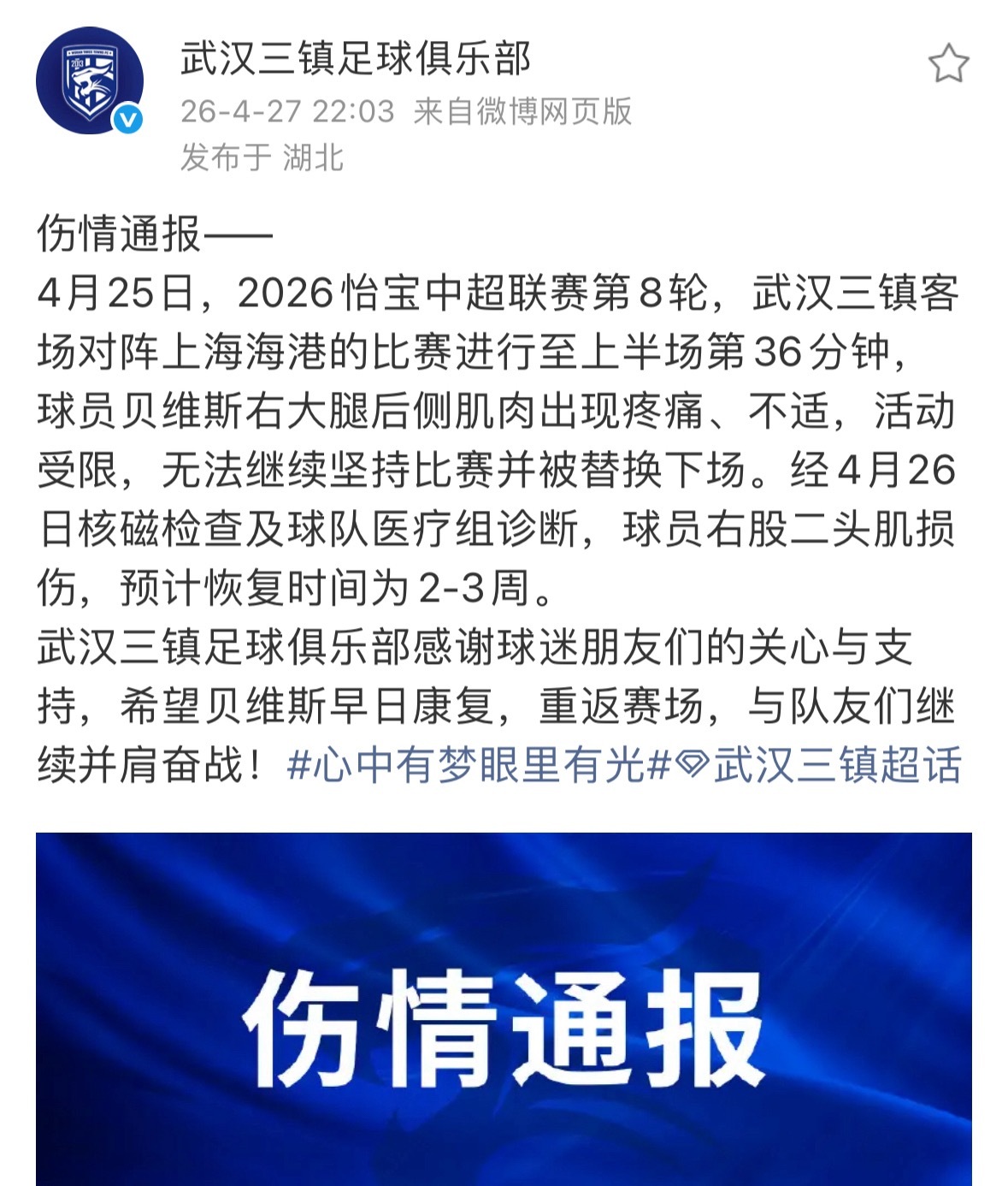 很不走运的一次受伤，对于在比赛中出现伤病以及日常伤病导致的人员不整，今年海港球迷