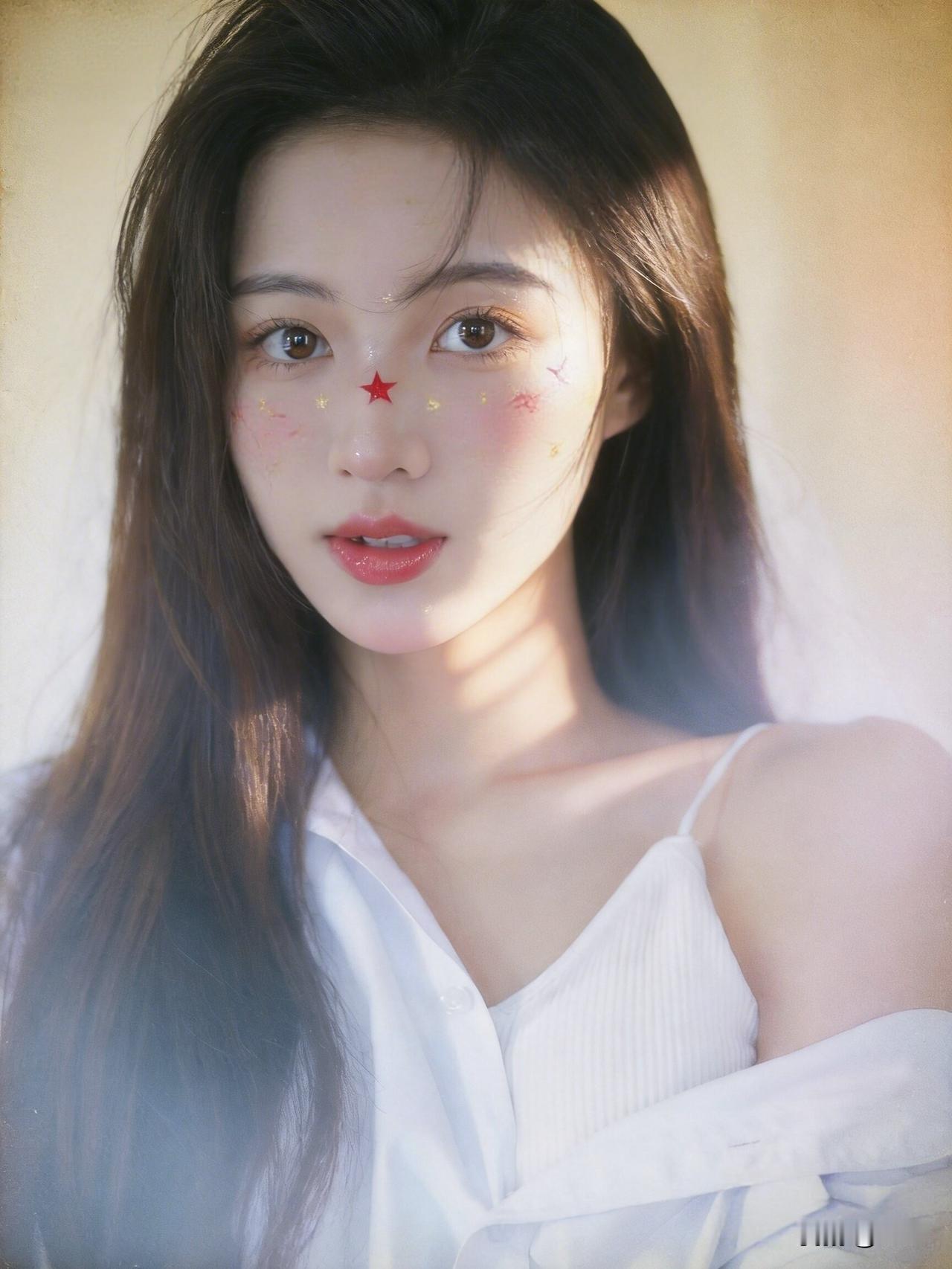 星眸映秋水，红唇点春光。