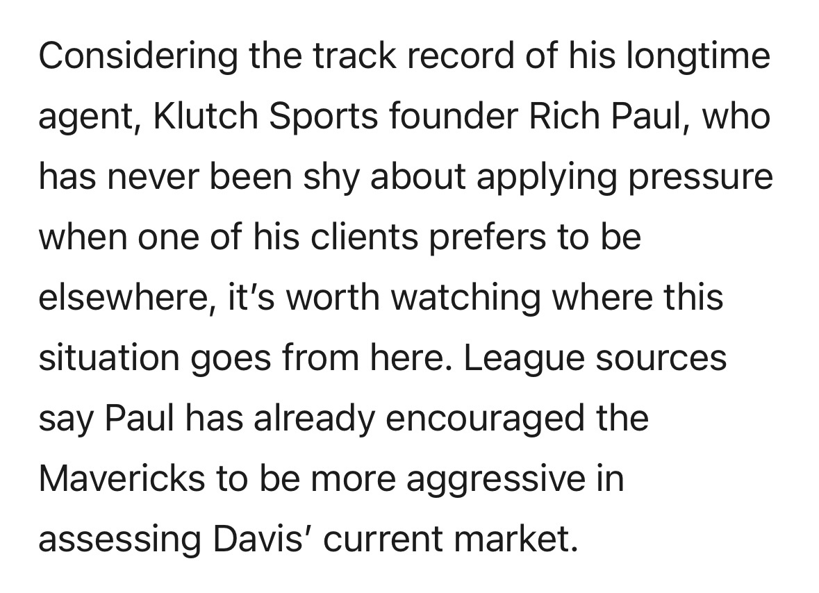 Sam Amick：联盟消息人士透露，里奇-保罗已敦促独行侠更积极地探索戴维斯当