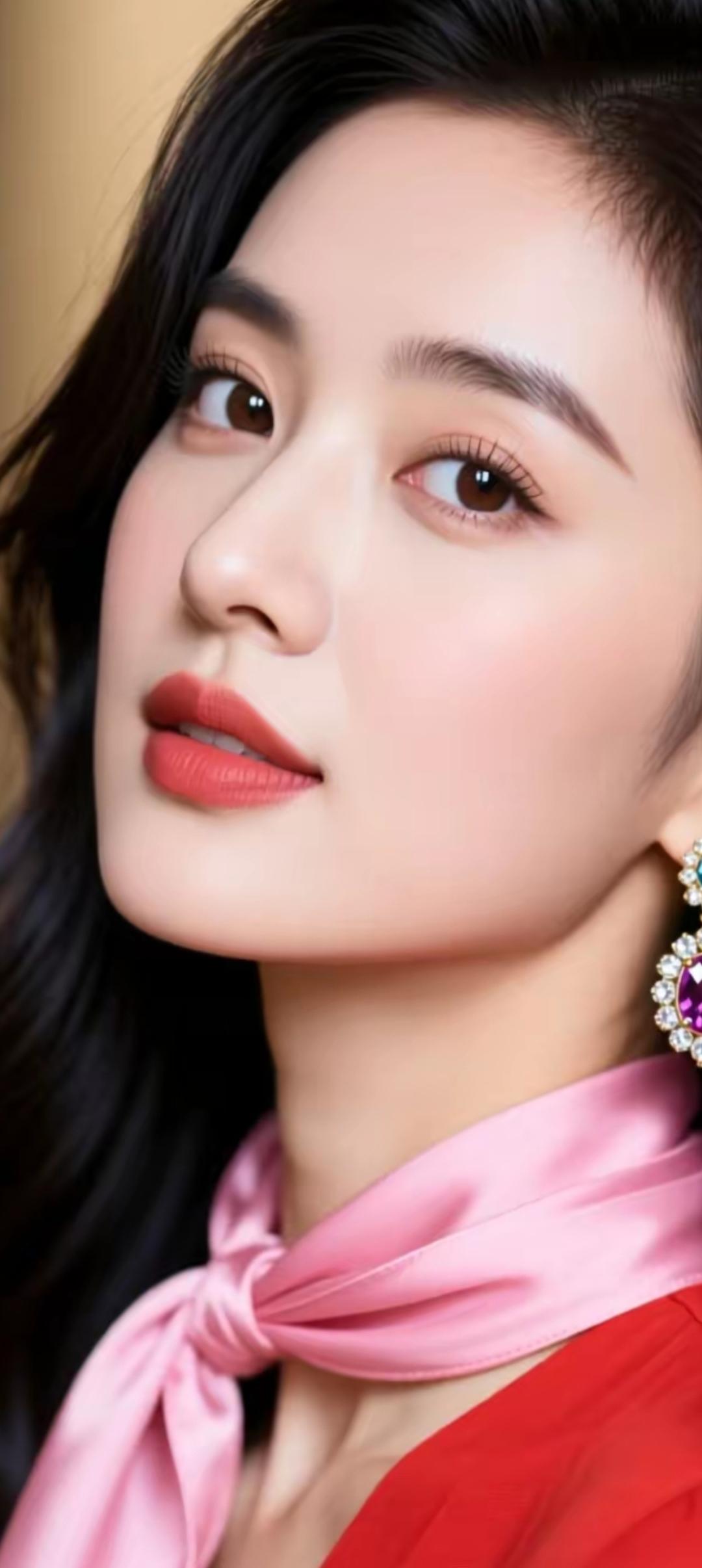 优雅红唇，粉色丝巾，闪耀耳环，完美妆容，气质女神。