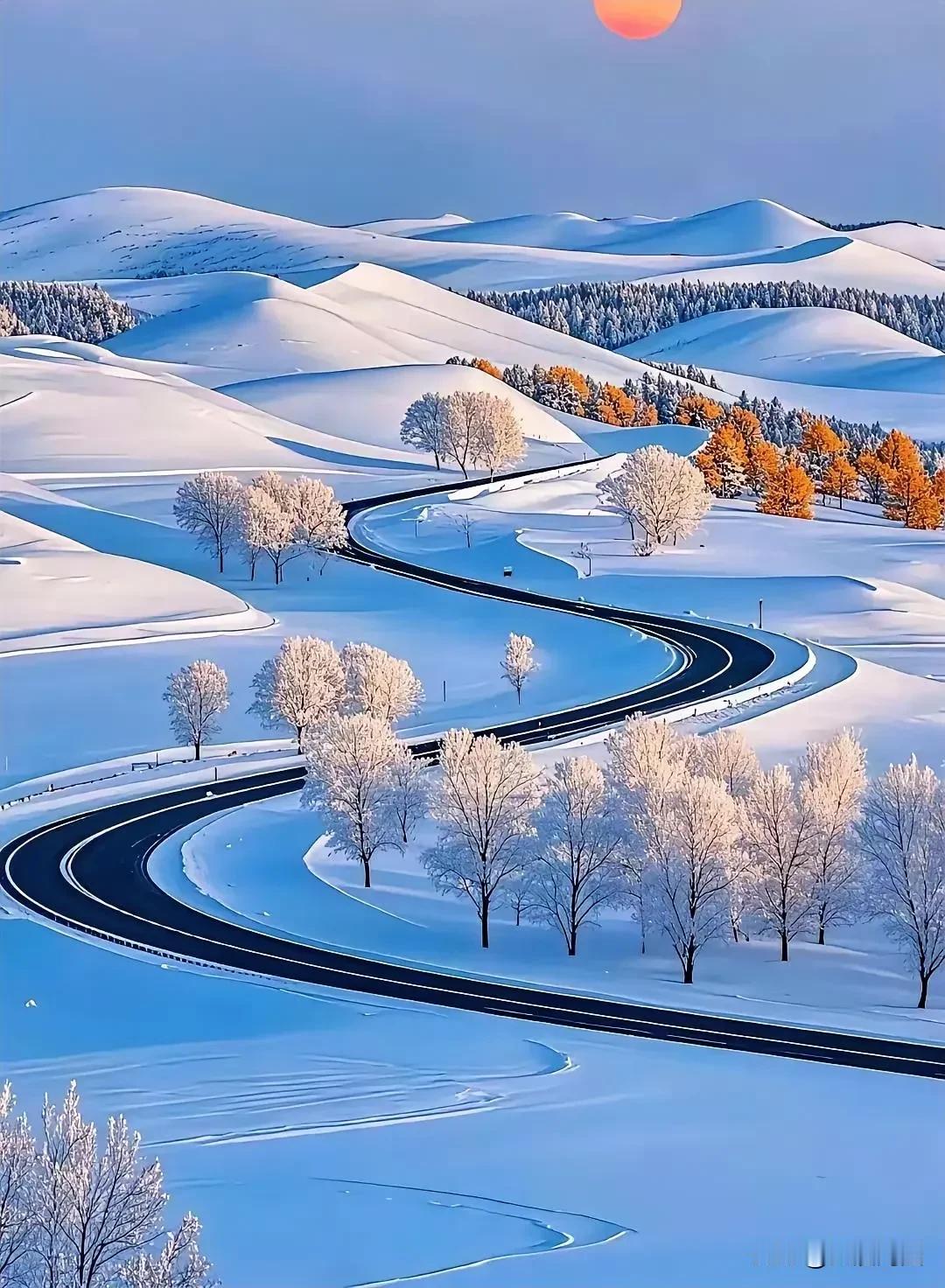 冬路雪景
寒天漫舞玉花柔，
曲径逶迤卧素绸。
岭树凝霜成画境，
峰峦覆雪蕴诗愁。