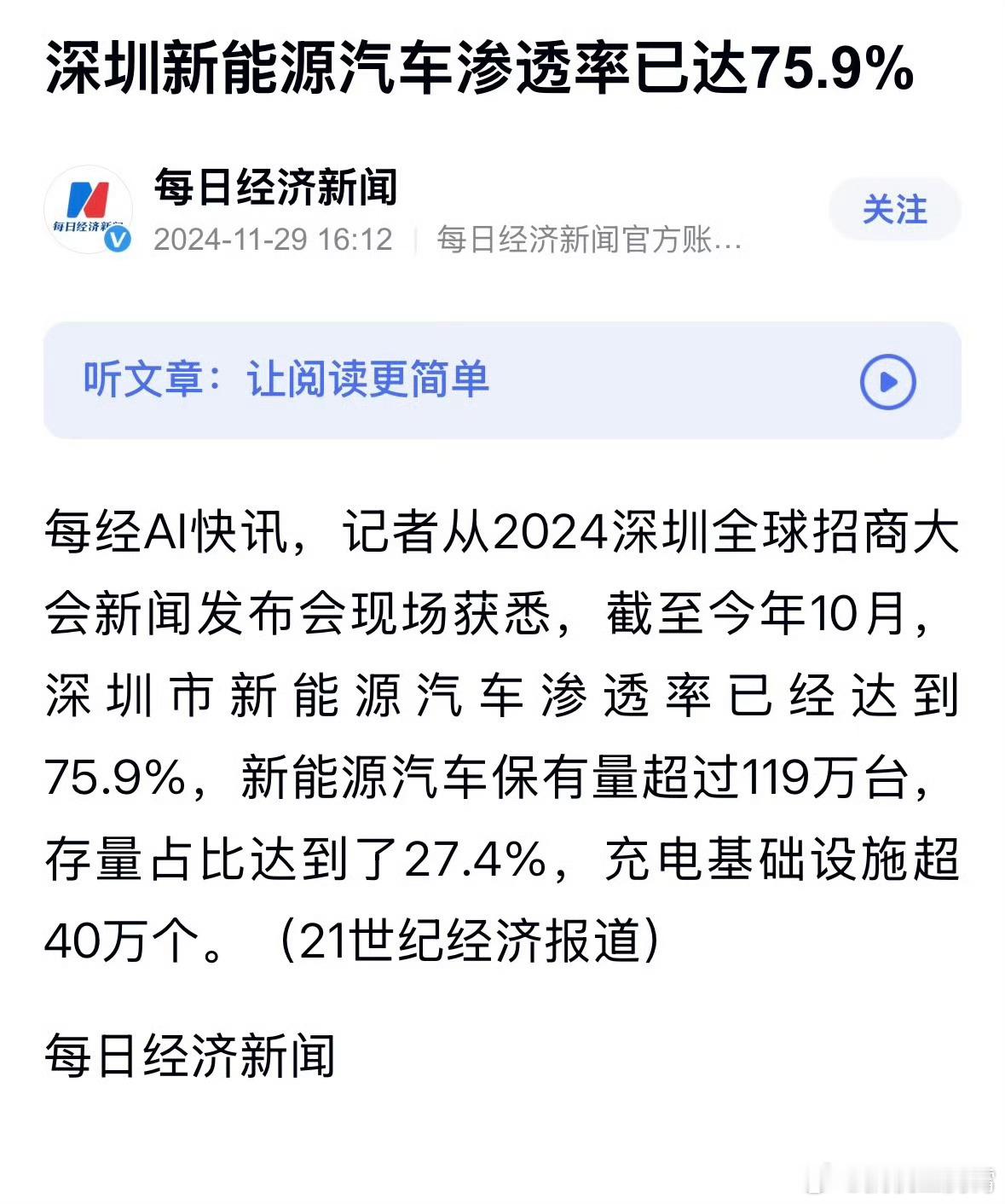 该说不说，深圳新能源汽车渗透率真猛啊，截止今年10月已经达到75.9%了，虽说之