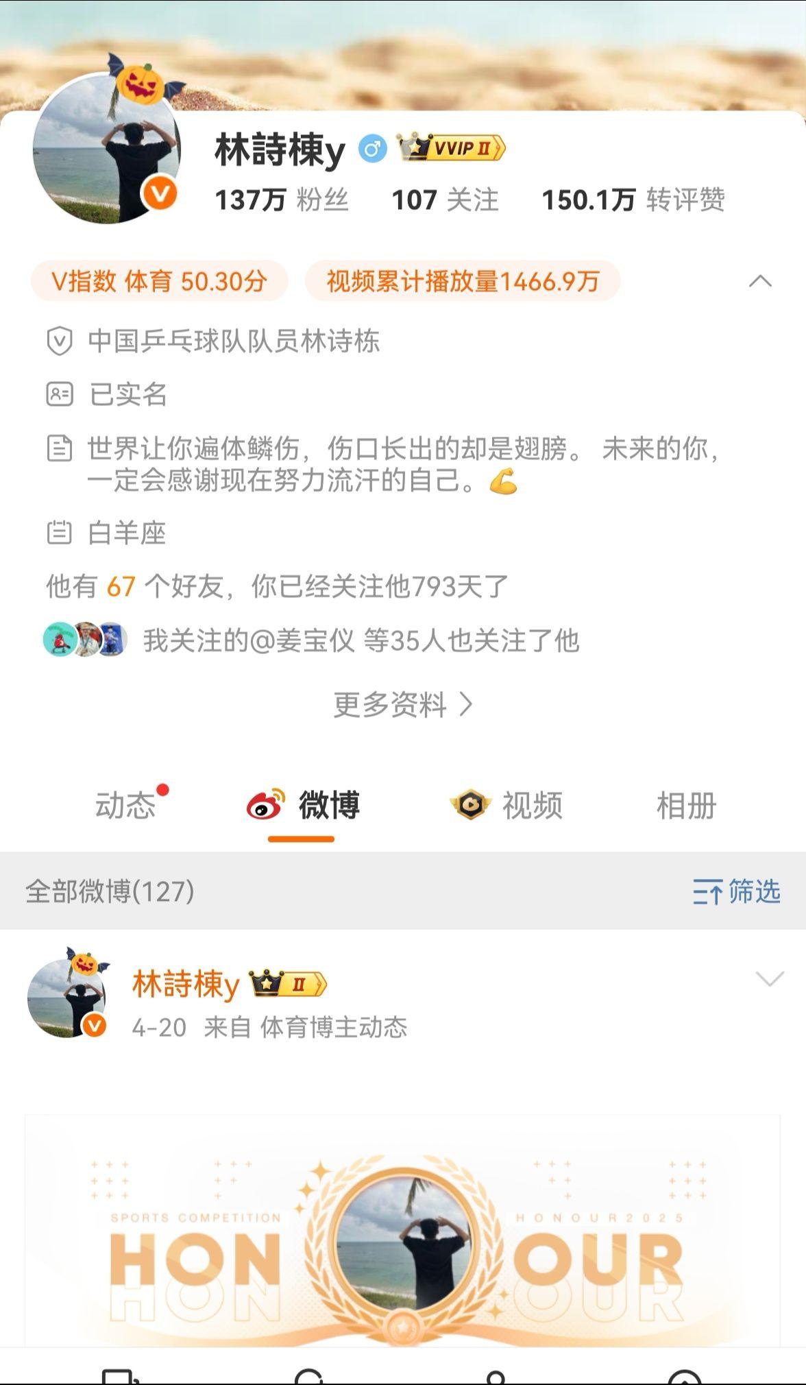 受伤时的疼痛是成长的印记，流过的汗水会铺成未来的路，未来会是你的。林诗栋