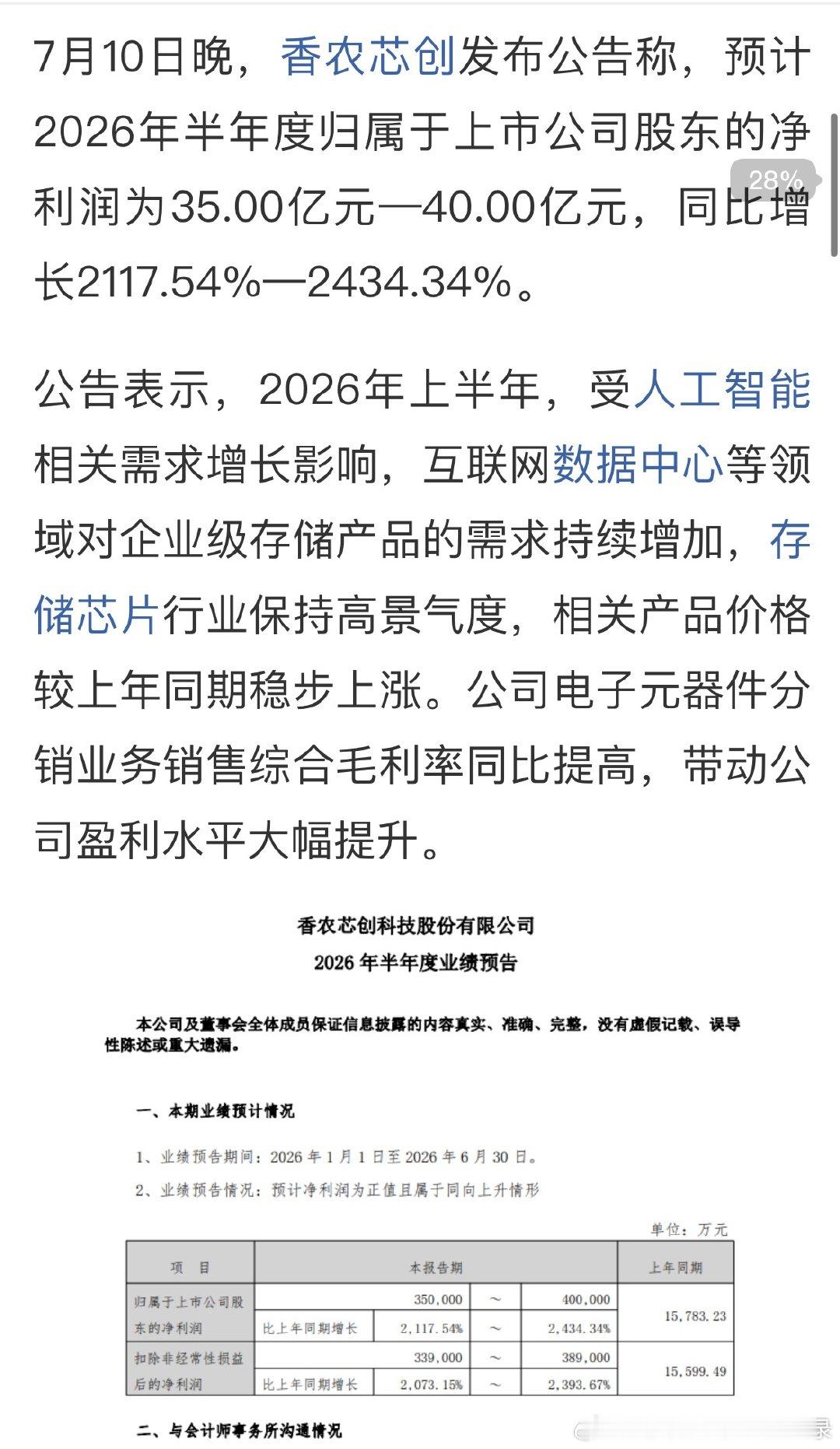 香农芯创：预计上半年净利润同比增长2118%-2434% 海普存储相关业务收入及